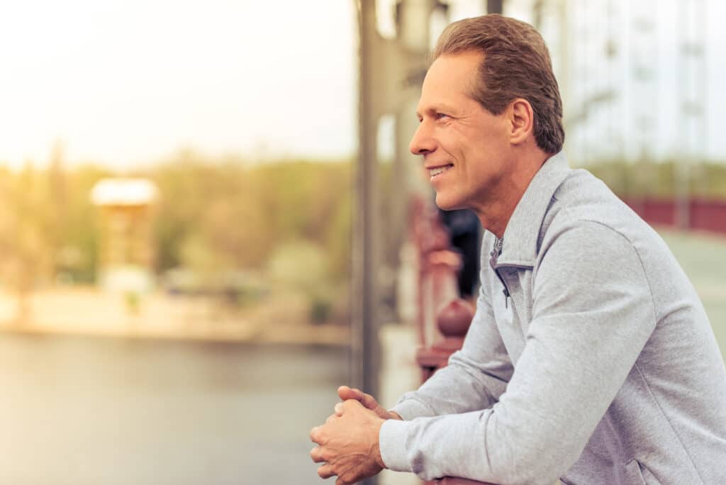 A profile shot of a middle aged man after inguinal hernia repair in New Orleans